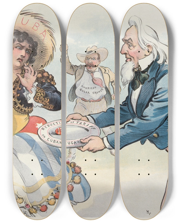 Triptych art skateboard deck of Udo Keppler The Proposed Concession To Cuba by Udo Keppler (1872-1956)