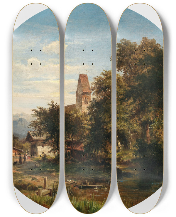Triptych art skateboard deck of Ludwig Halauska A Scene In The Lower Inn Valley by Ludwig Halauska (1827-1882)