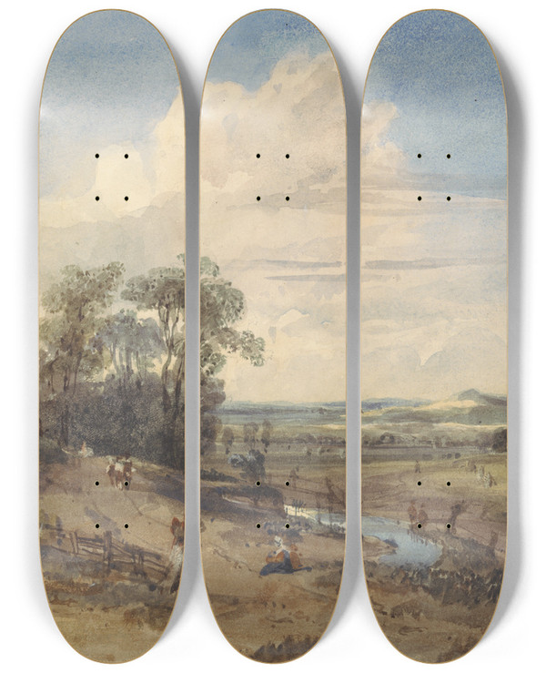 Triptych art skateboard deck of William Callow Landscape After Wynants In The Louvre by William Callow (1812-1908)