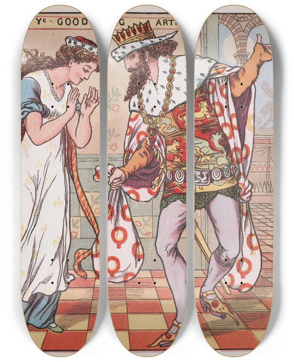 Triptych art skateboard deck of Walter Crane Good King Arthur by Walter Crane (1845-1915)