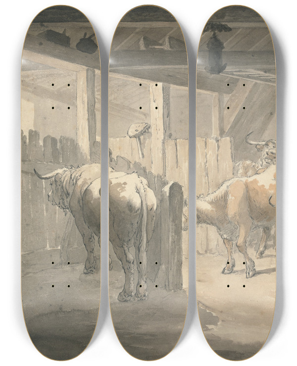 Triptych art skateboard deck of Robert Hills A Cow Byre by Robert Hills (1769-1844)
