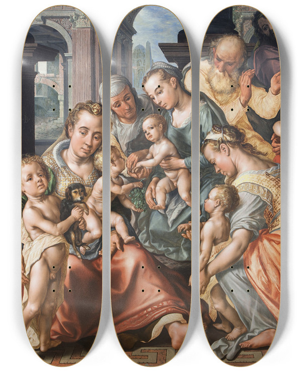 Triptych art skateboard deck of Joachim Beuckelaer The Holy Kinship by Joachim Beuckelaer (1530-1574)