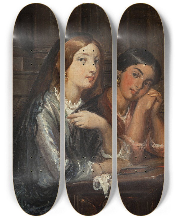 Triptych art skateboard deck of Wilhelm Marstrand Venetian Women In A Church Outline For A Painting With The Same Title 1854 by Wilhelm Marstrand (1810-1873)