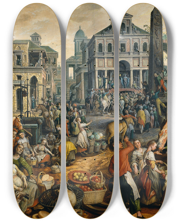 Triptych art skateboard deck of Joachim Beuckelaer Market Scene With Ecce Homo by Joachim Beuckelaer (1530-1574)