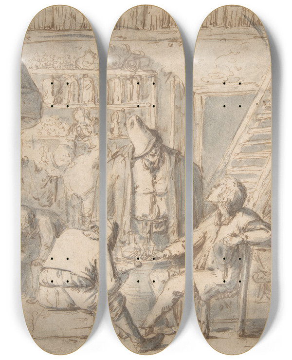 Triptych art skateboard deck of Adriaen Van Ostade Drinkers In A Tavern by Adriaen Van Ostade (1610-1684)