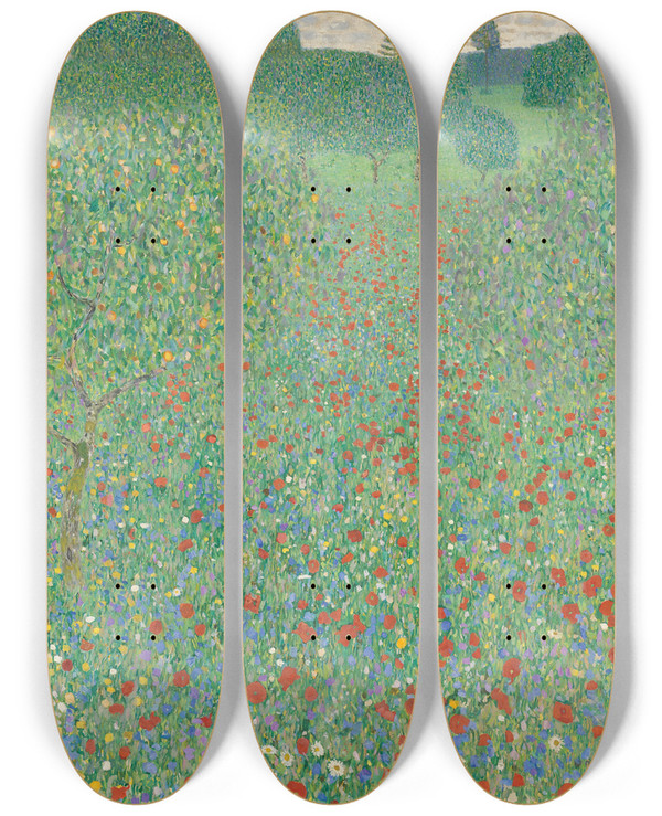 Triptych art skateboard deck of Gustav Klimt Blhender Mohn Mohnwiese by Gustav Klimt (1862-1918)