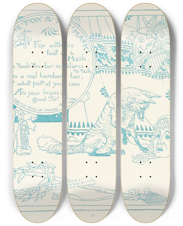 Triptych art skateboard deck of Walter Crane The Fox And The Mask by Walter Crane (1845-1915)