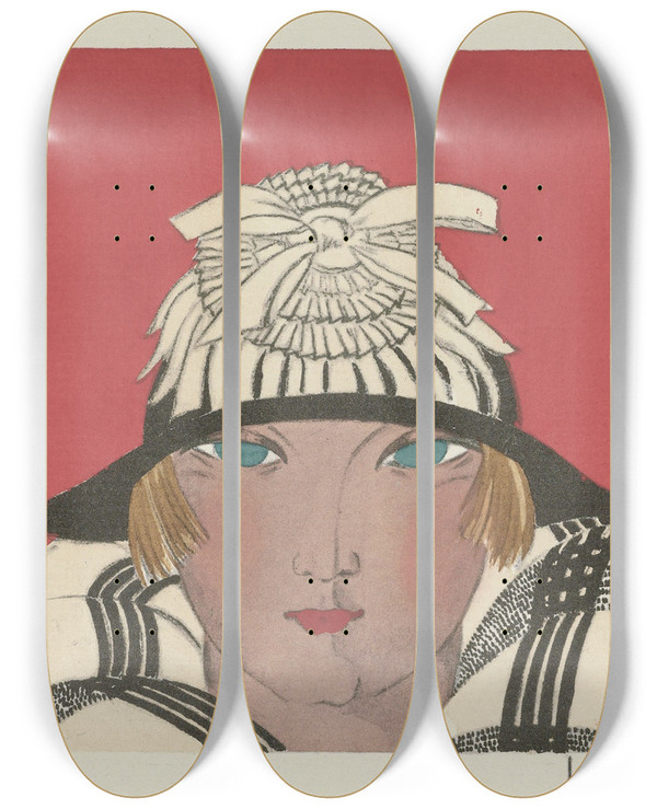 Triptych art skateboard deck of J Ebel La Jeune Fille Aux Joues Roses Chapeau De Camille Roger by J Ebel