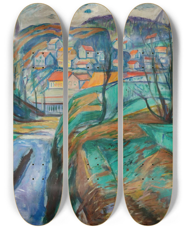 Triptych art skateboard deck of Edvard Munch Krager Om Vren Krager In Spring by Edvard Munch (1863-1944)