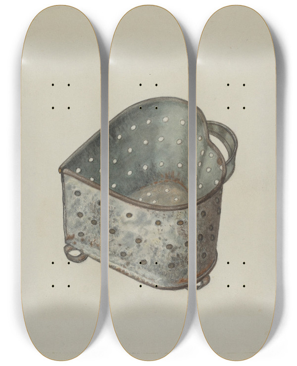 Triptych art skateboard deck of Luther D Wenrich Pa German Cheese Strainer by Luther D Wenrich
