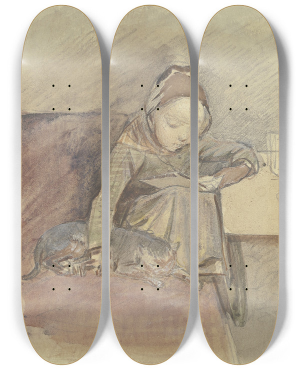 Triptych art skateboard deck of Jakob Frchtegott Dielmann Lesendes Kind Mit Der Katze An Einem Tisch Auf Einem Roten Sofa Sitzend by Jakob Furchtegott Dielmann (1809-1885)
