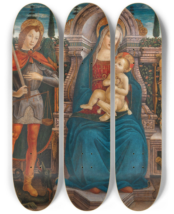 Triptych art skateboard deck of Filippo Dantonio Filippelli Madonna And Child Enthroned With Saint Michael And Saint Sebastian by Filippo dAntonio Filippelli