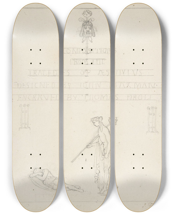 Triptych art skateboard deck of John Flaxman Sketch For The Titlepage Of An Edition Of Aeschylus by John Flaxman (1755-1826)