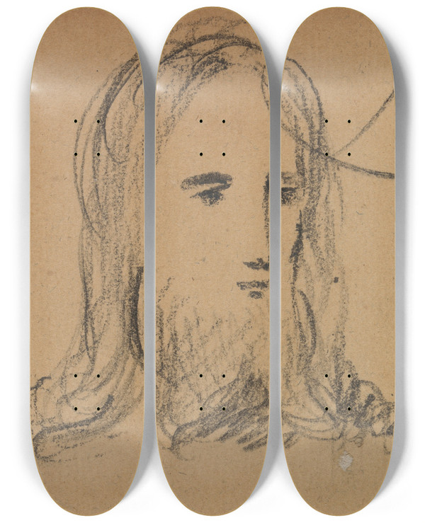 Triptych art skateboard deck of Benjamin Robert Haydon Study Of The Face Of Jesus by Benjamin Robert Haydon (1786-1846)