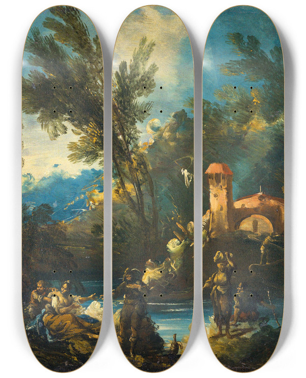 Triptych art skateboard deck of Antonio Francesco Peruzzini A Wooded River Landscape With Figures by Antonio Francesco Peruzzini (1646-1724)