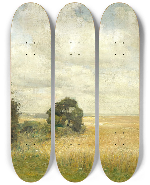 Triptych art skateboard deck of Carl Holse Landskab Med Udsigt Over Mark by Carl Holsoe (1863-1935)