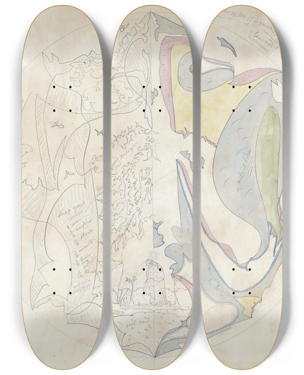 Triptych art skateboard deck of Theo Colenbrander Ontwerp Voor Aardewerkdecoratie Van Schotel Wandeling En Eenvoud by Theo Colenbrander (1841-1930)
