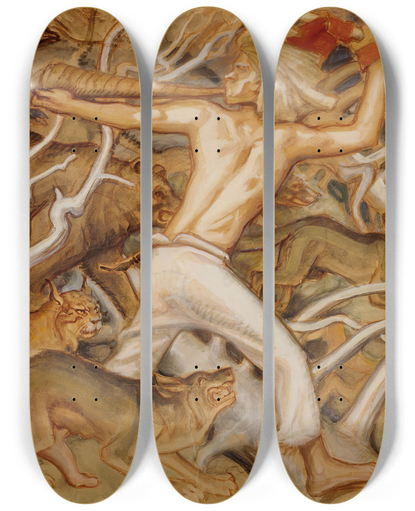 Triptych art skateboard deck of Akseli Gallenkallela Kullervo Herding His Wild Flocks by Akseli Gallen Kallela (1865-1931)
