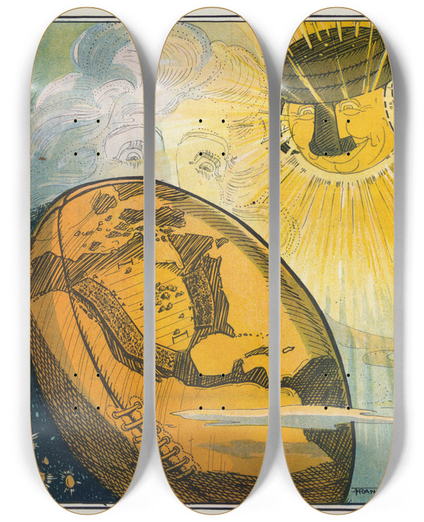 Triptych art skateboard deck of Frank Arthur Nankivell The College World by Frank Arthur Nankivell (1869-1959)