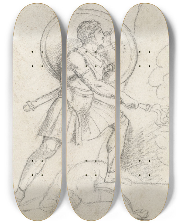 Triptych art skateboard deck of Jacques Louis David Warrior With A Shield And Torch by Jacques Louis David (1748-1825)