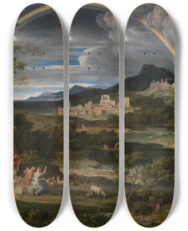 Triptych art skateboard deck of Joseph Anton Koch Heroische Landschaft Mit Regenbogen_1 by Joseph Anton Koch (1768-1839)