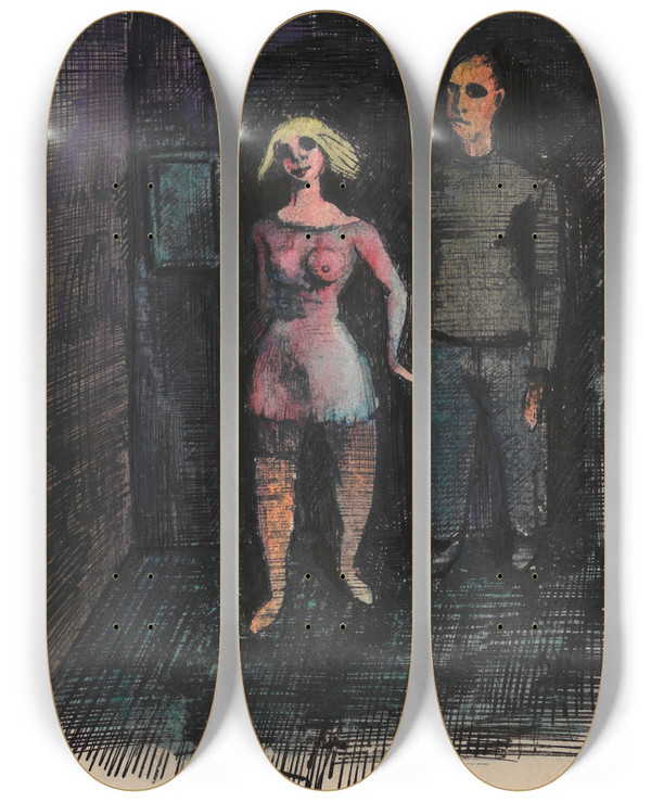 Triptych art skateboard deck of Karl Wiener Ohne Titel Frau Und Mann_1 by Karl Wiener (1901-1949)