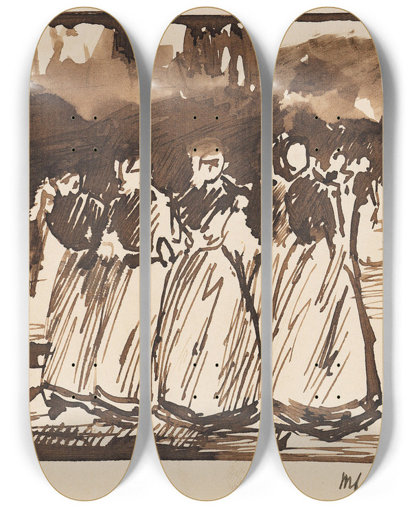 Triptych art skateboard deck of Max Liebermann Studie Zu Sonntagnachmittag In Laren by Max Liebermann (1847-1935)