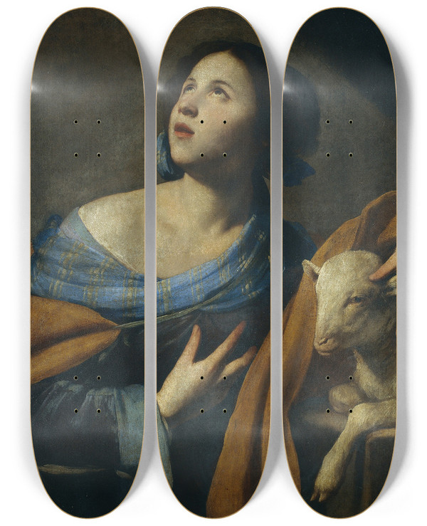 Triptych art skateboard deck of Massimo Stanzione Saint Agnes by Massimo Stanzione (1585-1656)