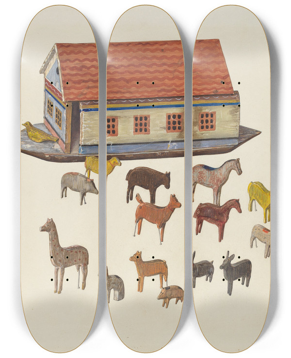 Triptych art skateboard deck of Ben Lassen Noahs Ark And Animals by Ben Lassen