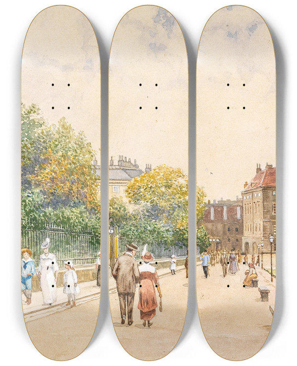 Triptych art skateboard deck of Erwin Pendl Beim Volksgarten by Erwin Pendl (1875-1945)