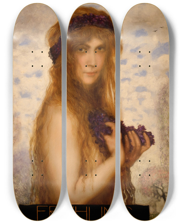 Triptych art skateboard deck of Franz Von Stuck The Spring by Franz Von Stuck (1863-1928)