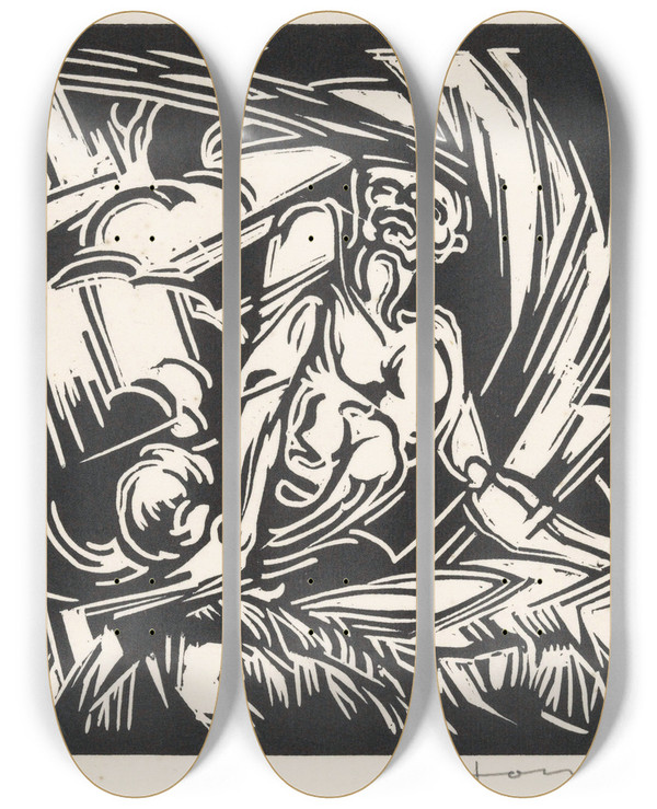 Triptych art skateboard deck of Henri Jonas Personificatie Van De Wind by Henri Jonas (1878-1944)
