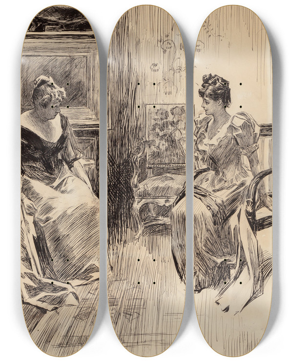 Triptych art skateboard deck of Charles Dana Gibson A Kind Suggestion by Charles Dana Gibson (1867-1944)