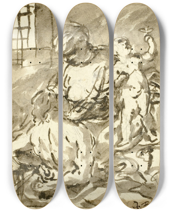 Triptych art skateboard deck of Abraham Bloemaert Caritas Romana by Abraham Bloemaert (1564-1651)