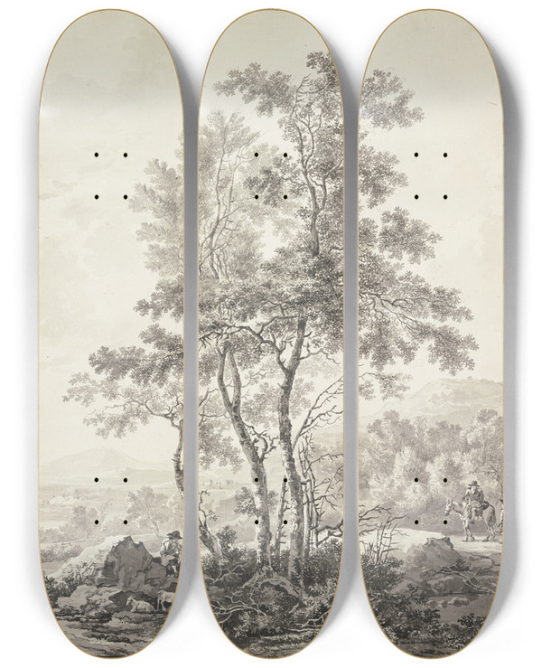 Triptych art skateboard deck of Jacob Van Strij Landschaft Mit Birken Im Vordergrund by Jacob Van Strij (1756-1815)