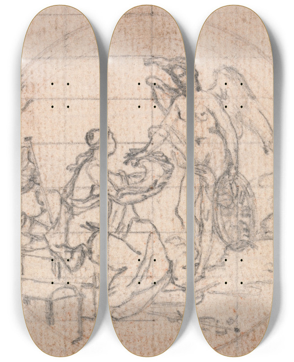 Triptych art skateboard deck of Hubertfranois Gravelot Design For A Medal by Hubert-Franois Gravelot (1699-1773)