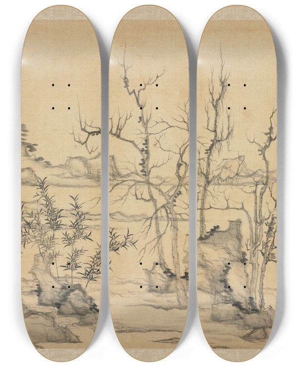 Triptych art skateboard deck of Chen Hongshou Landscape In The Style Of Ni Zan by Chen Hongshou (1598-1652)