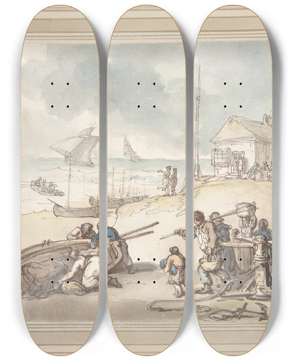 Triptych art skateboard deck of Thomas Rowlandson Figures By The Seashore by Thomas Rowlandson (1756-1827)