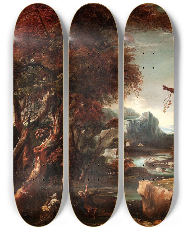 Triptych art skateboard deck of Circle Of Salvator Rosa Landscape With Figures The Commission Of St Peter by Circle Of Salvator Rosa (1615-1673)