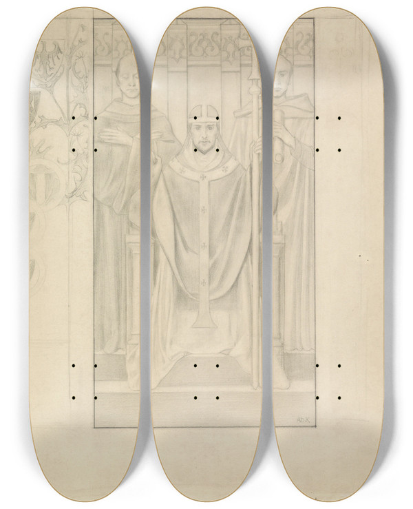 Triptych art skateboard deck of Antoon Derkinderen Ontwerp Voor De Eerste Bossche Wand De Paus by Antoon Derkinderen (1859-1925)