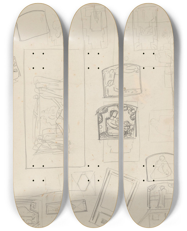 Triptych art skateboard deck of Richard Nicolas Roland Holst Schetsblad Met Compositiestudies by Richard Nicolaus Roland Holst (1868-1938)