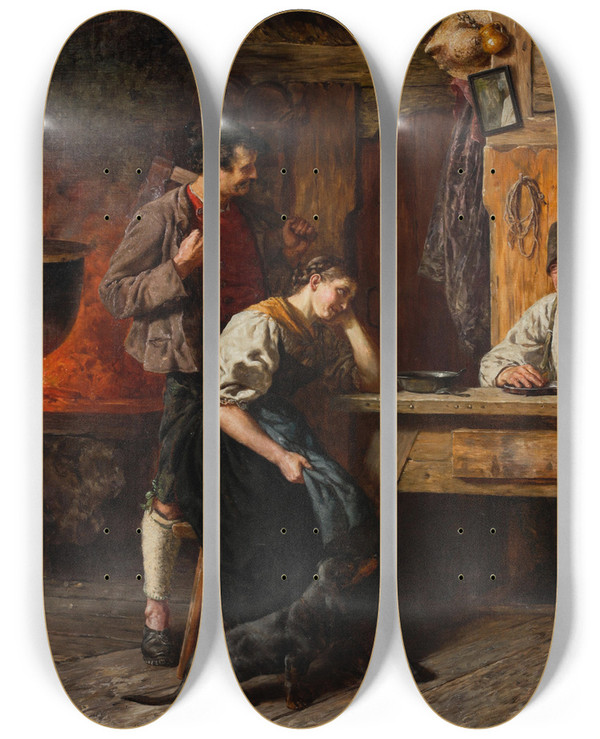Triptych art skateboard deck of Heinrich Rettig Das Stndchen by Heinrich Rettig (1859-1921)