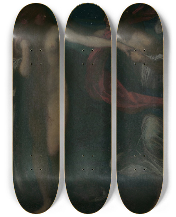 Triptych art skateboard deck of Maurice Greiffenhagen The Sons Of God Saw The Daughters Of Men That They Were Fair by Maurice Greiffenhagen (1862-1931)