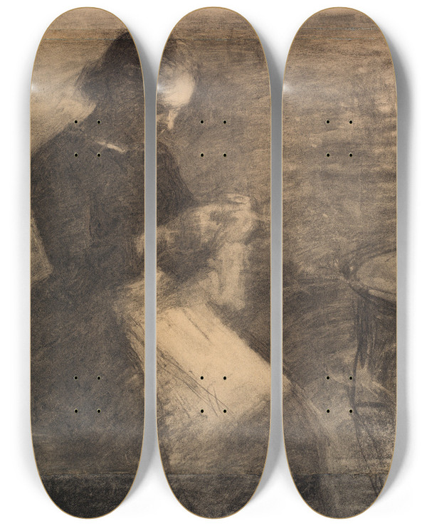 Triptych art skateboard deck of Vilhelm Hammershi Portrait Of Ida Hammershi With Needlework by Vilhelm Hammershoi (1864-1916)
