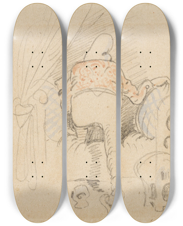 Triptych art skateboard deck of Wilhelm Busch Die Gestrte Aber Glcklich Wieder Errungene Nachtruhe Der Floh 18 by Wilhelm Busch (1832-1908)