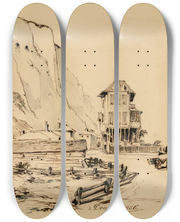 Triptych art skateboard deck of Pieter Van Loon Huizen Op Het Strand Te Dover by Pieter Van Loon (1801-1873)