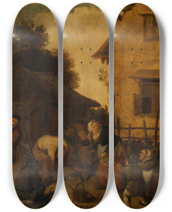 Triptych art skateboard deck of Jan Miense Molenaer The Pig Slaughter by Jan Miense Molenaer (1610-1668)