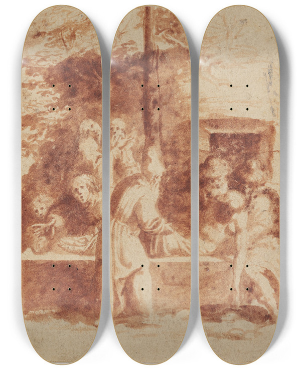 Triptych art skateboard deck of Polidoro Da Caravaggio Kristi Gravlggelse by Polidoro Da Caravaggio (1500-1536)