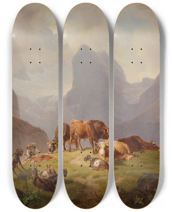 Triptych art skateboard deck of Friedrich Voltz Auf Der Alm by Friedrich Voltz (1817-1886)