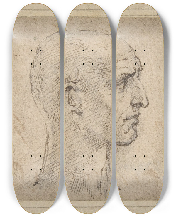 Triptych art skateboard deck of Parmigianino Head Of A Man In Profile To Right by Parmigianino (1503-1540)